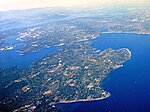 Aerial view of Bainbridge Island and Agate Passage in Olympic Peninsula
